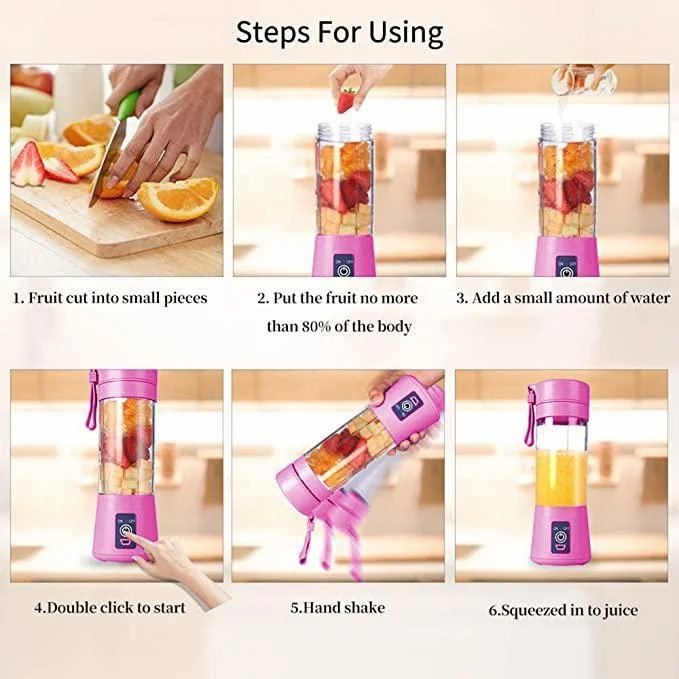 Portable  USB Rechargeable Blend– Personal Smoothie & Juice Maker (380ml, Pink)