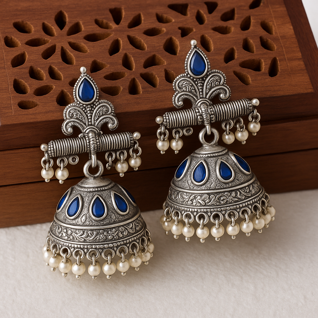 Earrings Silver Replica Jhumkas | Oxidised Pearl Dangler Pakistani Wedding Jewellery for Women